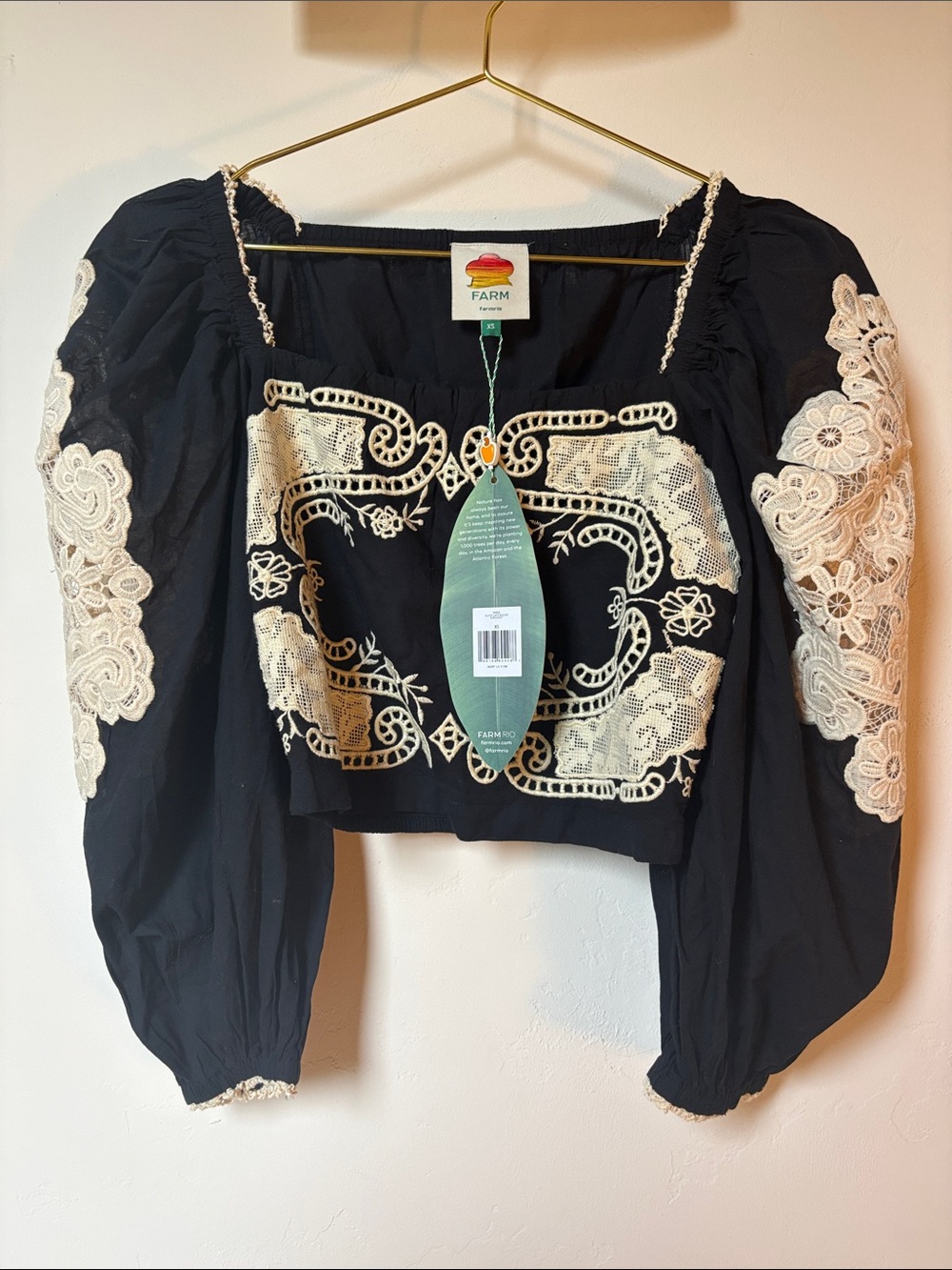 FARM Rio Black Peasant Crop Top with Cream Lace Appliqué